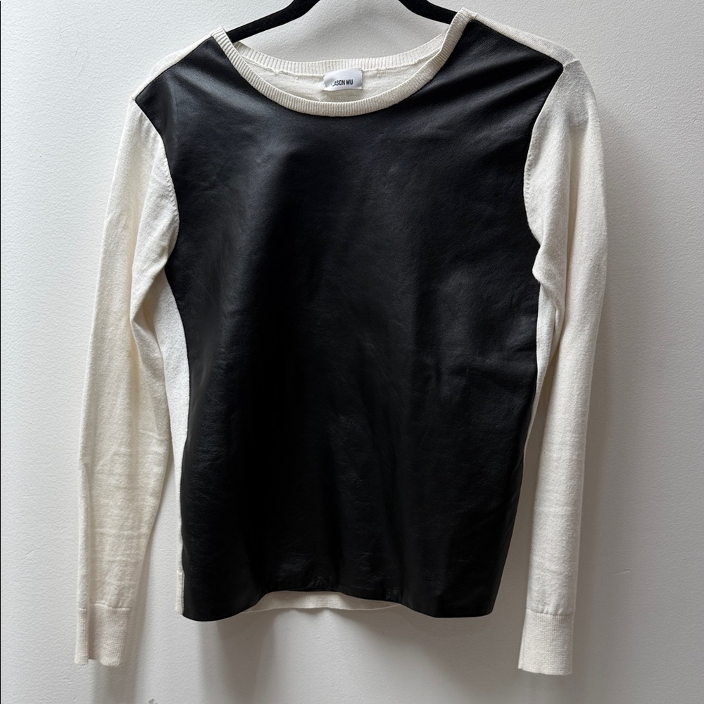Jason Wu Black Leather Front Cashmere Knit Sweater Colorblock Top XS NWT